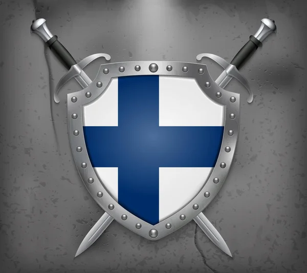 Bendera Finlandia. Perisai dengan Bendera Nasional. Dua Crossed Swor - Stok Vektor