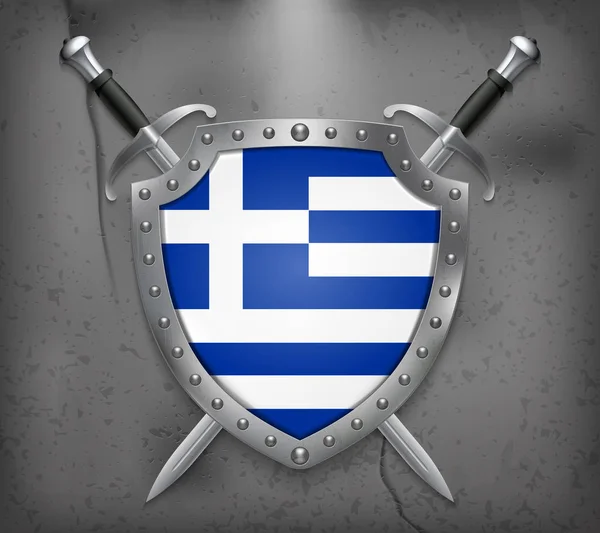 希腊国旗。有国旗的盾牌。两把十字剑 — 图库矢量图片