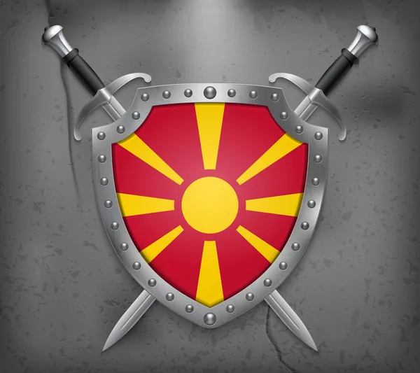 Makedonya Cumhuriyeti bayrağı. Ulusal bayrak ile kalkan. İki çapraz Sw — Stok Vektör