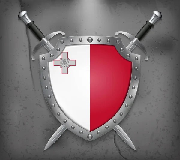 Bandiera di Malta. Lo Scudo con Bandiera Nazionale. Due spade incrociate — Vettoriale Stock