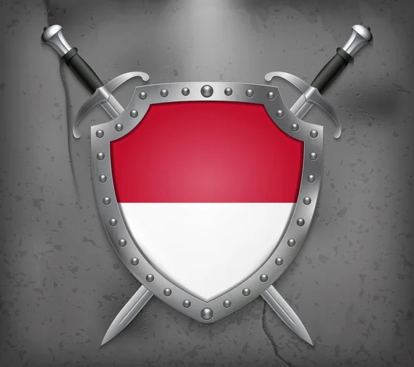 Bandera de Mónaco. El Escudo con Bandera Nacional. Dos Espadas Cruzadas — Vector de stock