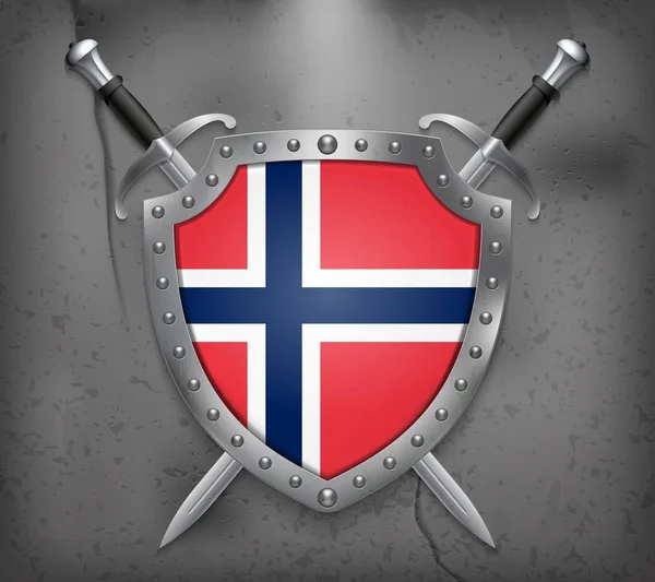 挪威的旗子。有国旗的盾牌。两把十字剑 — 图库矢量图片