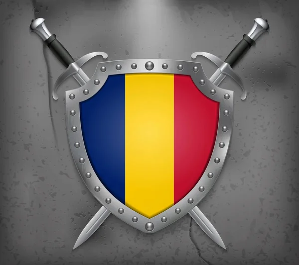 Bendera Rumania. Perisai dengan Bendera Nasional. Dua Crossed Swor - Stok Vektor