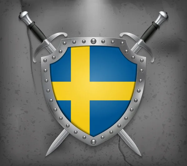 Švédská vlajka. Štít s národní vlajkou. Dvě zkřížené meče — Stockový vektor