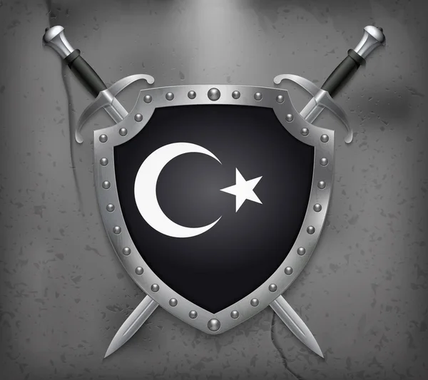 黑土耳其国旗与白色新月和星。盾与 — 图库矢量图片