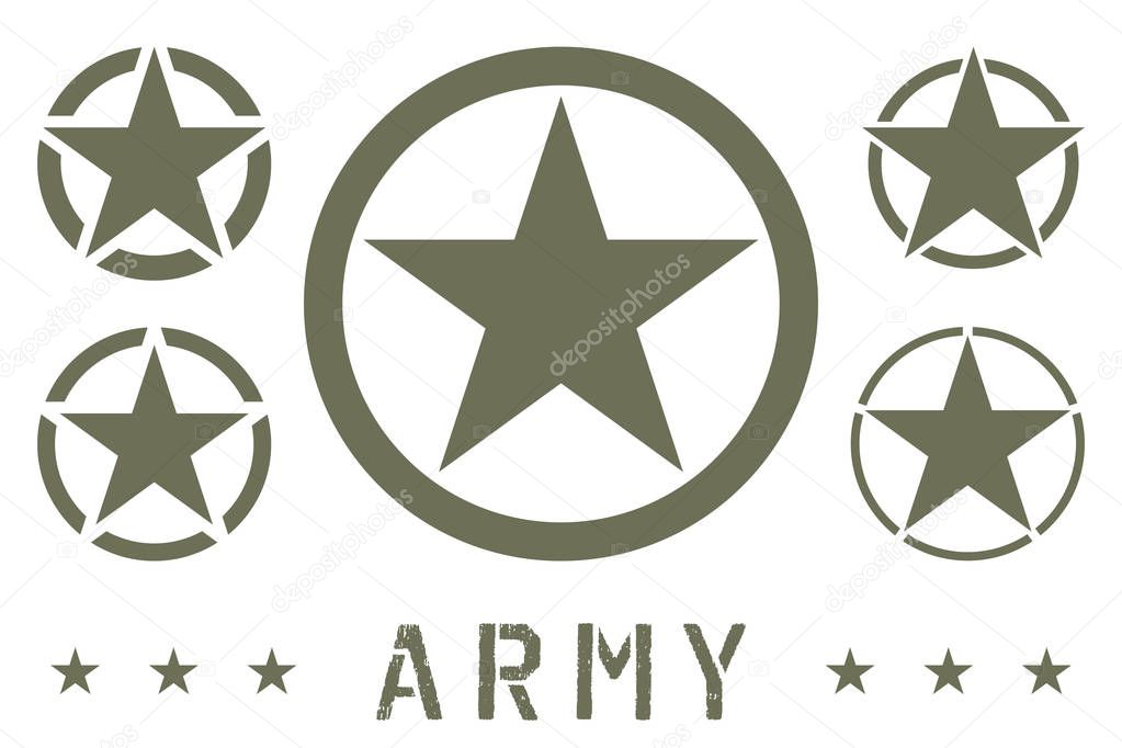 Set of Army Star Green Olive Color. Military Insignia Symbol, Badge, Label