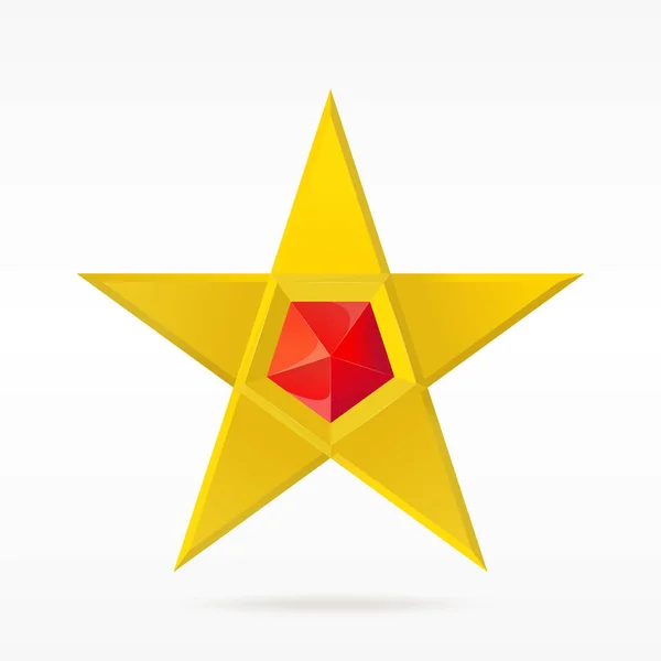 Estrela de cinco pontas douradas com pedras vermelhas. Ícone, Assinatura, Logotipo, Design — Vetor de Stock