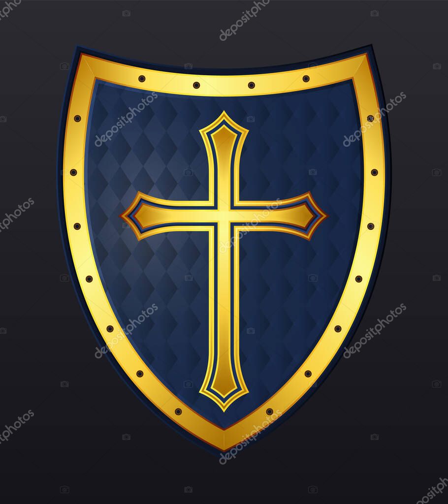 Medieval Shield of Knight with Cross. Design Elements. Vector Isolated Illustration