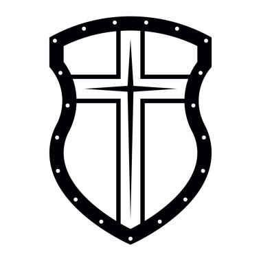 Christian Cross ve Faith 'in Kalkanı. Kilise logosu. Dini Sembol. Yaratıcı Hıristiyan ikonu. Koruma, Güvenlik, Güvenlik İşareti. Siyah ve Beyaz