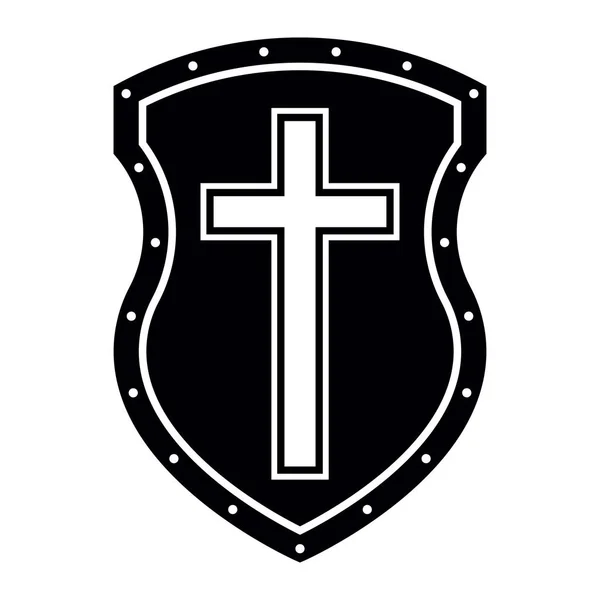 基督教十字架和信仰之盾 教堂标志 宗教象征 富有创造力的基督教圣像保护 安保标志 黑人和白人 — 图库矢量图片