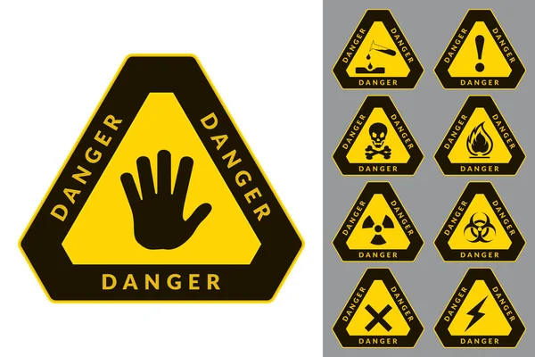 Figyelmeztetés Veszély Háromszög Alakú Ikonok Biztonsági Jelzések Vektor Izolált Címkék — Stock Vector