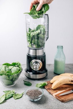 Blender ve malzemelerle dolu bir hayat, ıspanaklı smoothie yapmak ve ıspanağı miksere koymak için.