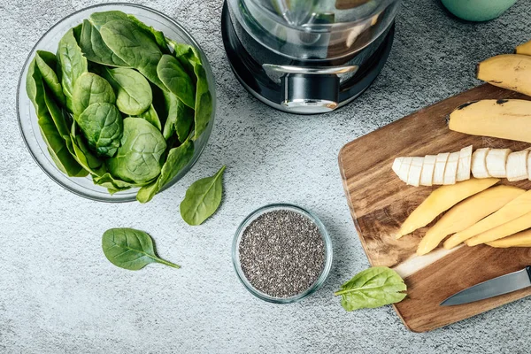 Still Life Blender Ingredients Table Make Spinach Smoothie Chopped Ingredients — Stock Photo, Image
