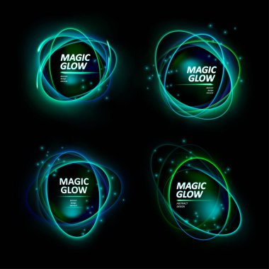 Sihirli ışık efektleri. Resimler karanlık arka planda izole edilmiş. Mistik geçit. Parlak küre lensi. Döner çizgiler. Parlak yüzük. Sihirli neon top. Soyut tasarım logosu. Vektör. Bölüm 10