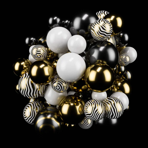 Gold metall ball, black white ball abstract. Black matte background. Metaball. Studio light. 3d illustration. 3d render.