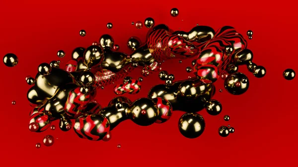 Złota metall ball, czerwona piłka abstrakcyjna. Czerwone matowe tło. Metaball. Studio światło. Ilustracja 3D. 3d renderowanie. — Zdjęcie stockowe