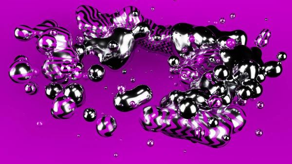 Srebrna metalowa kula, fioletowa kula abstrakcyjna. Fioletowe matowe tło. Metaball. Studio światło. Ilustracja 3D. 3d renderowanie. — Zdjęcie stockowe