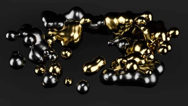Złota metalowa kula, abstrakcyjna czarna kula. Szare matowe tło. Metaball. Studio światło. Ilustracja 3D. 3d renderowanie. — Zdjęcie stockowe