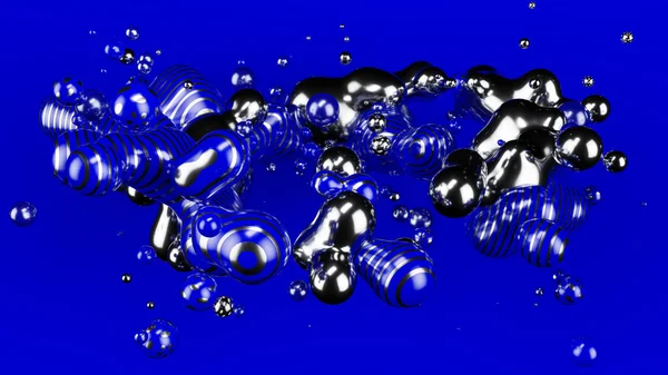 Silver metall ball, Blue ball abstract. Blue matte background. Metaball. Studio light. 3d illustration. 3d render.