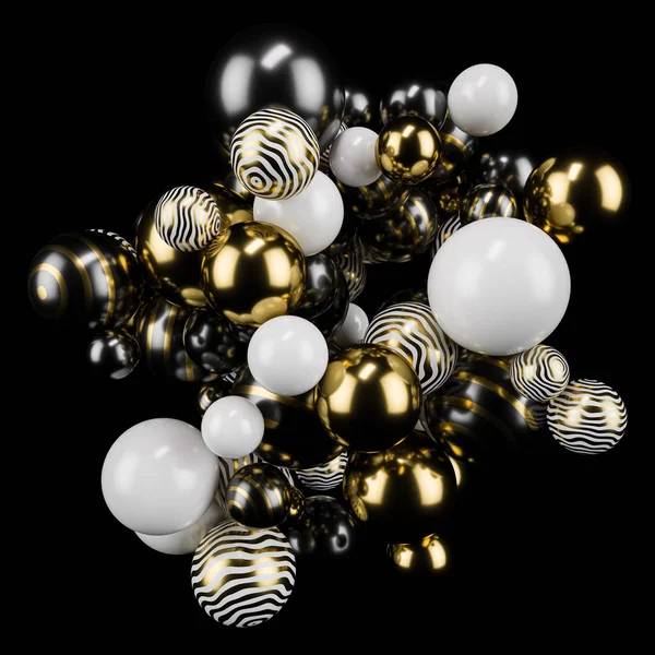 Gold metall ball, black white ball abstract. Black matte background. Metaball. Studio light. 3d illustration. 3d render.