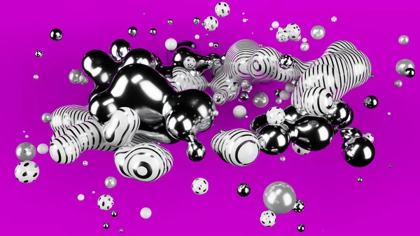 Srebrna metalowa kula, biała kula abstrakcyjna. Fioletowe matowe tło. Metaball. Studio światło. Ilustracja 3D. 3d renderowanie. — Zdjęcie stockowe