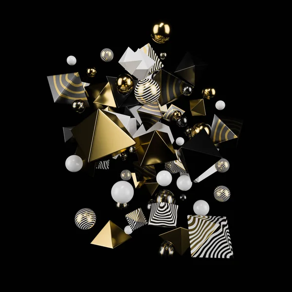 Garland of gold, white, and black glossy balls and prisms on a black matte background. Studio light. 3d illustration. 3d render.