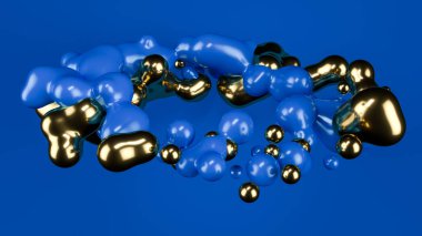 Altın top, derin gökyüzü mavi top soyut. Derin gökyüzü mavisi arka plan. Metaball. Stüdyo ışığı. 3 boyutlu illüstrasyon. 3d hazırlayıcı.