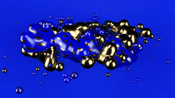 Gold metall ball, Blue ball abstract. Blue matte background. Metaball. Studio light. 3d illustration. 3d render.