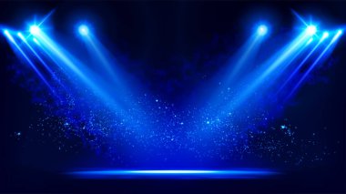 Illuminated stage with scenic lights and smoke. Blue vector spotlight with smoke volume light effect on black background. Stadium cloudiness projector. Mist show room. Vector. clipart
