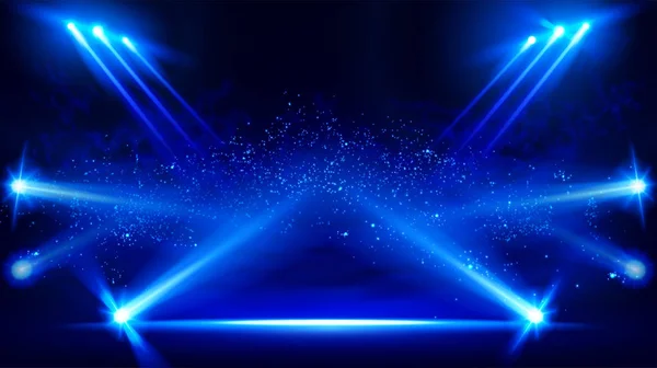 Illuminated stage with scenic lights and smoke. Blue vector spotlight with smoke volume light effect on black background. Stadium cloudiness projector. Mist show room. Vector. — 스톡 벡터