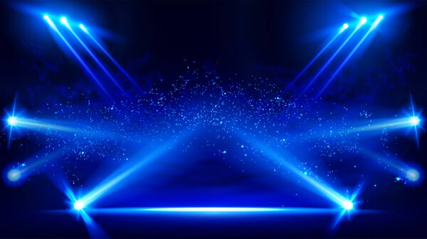 Illuminated stage with scenic lights and smoke. Blue vector spotlight with smoke volume light effect on black background. Stadium cloudiness projector. Mist show room. Vector.