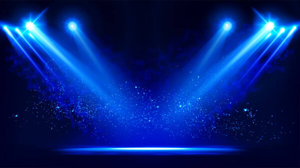 Illuminated stage with scenic lights and smoke. Blue vector spotlight with smoke volume light effect on black background. Stadium cloudiness projector. Mist show room. Vector.