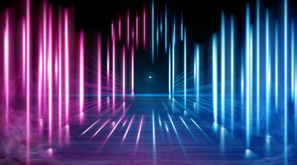 A neon corridor tending to the horizon, a clear night sky without clouds and a lone star, the reflection of light on the surface of stone earth. Smoke fog. The road to the horizon. Vector. — Stock Vector
