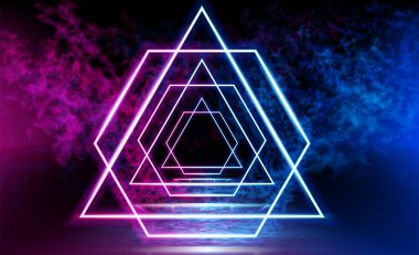 Dark space, reflection of blue and pink neon light on a tiled floor. Neon sign in the center. Rays of light in the dark, smoke. Mystical portal. Abstract futuristic background. Vector.