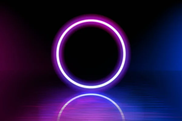 Neon color geometric circle on a dark background. Round mystical portal, luminous line, neon sign. Reflection of blue and pink neon light on the floor. Rays of light in the dark. Vector. — 스톡 벡터
