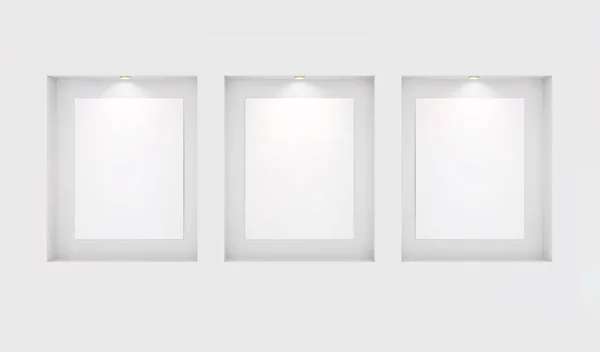 stock vector Three basics for your images in niches with backlighting on a white wall. Place for an exhibition. Top view mockup template for design. Light effect on a separate layer. Vector.