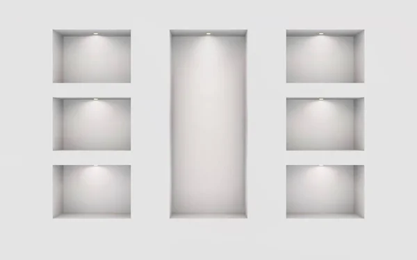 Sieben beleuchtete Nischen an einer weißen Wand. Platz für eine Ausstellung. Mockup-Vorlage für das Design von oben. Lichteffekt auf einer separaten Ebene. Vektor. — Stockvektor