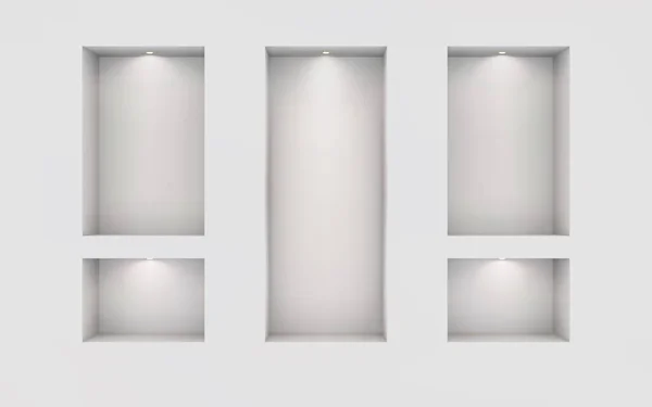 Fünf beleuchtete Nischen an einer weißen Wand. Platz für eine Ausstellung. Mockup-Vorlage für das Design von oben. Lichteffekt auf einer separaten Ebene. Vektor. — Stockvektor