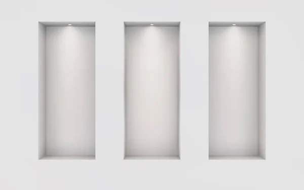Drei beleuchtete Nischen an einer weißen Wand. Platz für eine Ausstellung. Mockup-Vorlage für das Design von oben. Lichteffekt auf einer separaten Ebene. Vektor. — Stockvektor