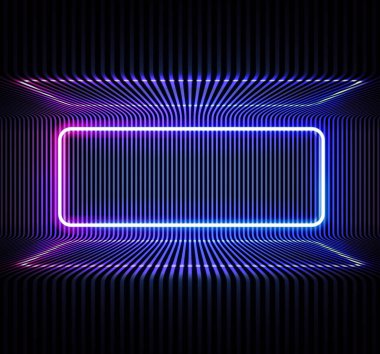 Metal şeritli arka planda neon rengi geometrik yuvarlak dikdörtgen. Yuvarlak dikdörtgen mistik portal, parlak çizgi, neon tabela. Yerde mavi ve pembe neon ışığın yansıması. Vektör.
