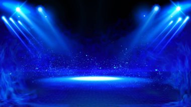Manzaralı ışıklar ve dumanla aydınlatılmış sahne. Siyah zemin üzerinde duman hacmi ışık efektli mavi vektör spot ışığı. Stadyum bulanıklık projektörü. Sis gösterisi odası. Vektör.