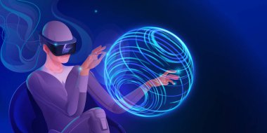 A woman in a virtual reality helmet is engaged in creativity, creates a glowing virtual ball with her hands. Vector image of modern technologies for communication, games, creativity. Banner in blue