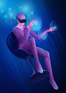 Woman in virtual reality helmet touches virtual interface buttons with her hands. Vector image of modern technologies for communication, games, creativity. Banner in blue tones.