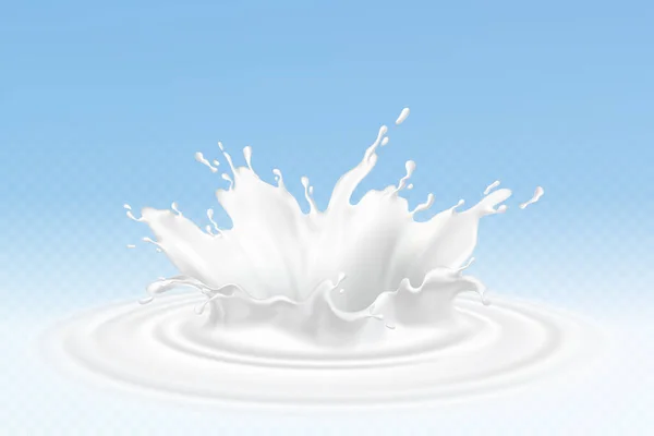 Vektorrealistische Milch- oder Joghurtspritzer, fließende Sahne, abstrakte weiße Kleckse, Milch isoliert auf blauem Hintergrund. Design natürlicher, biologischer Milchprodukte. — Stockvektor