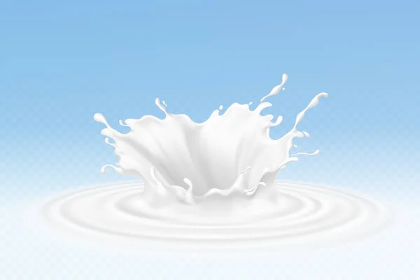 Vector realistas salpicaduras de leche o yogur, crema que fluye, manchas blancas abstractas, leche aislada sobre fondo azul. Diseño de productos lácteos naturales y ecológicos . — Vector de stock