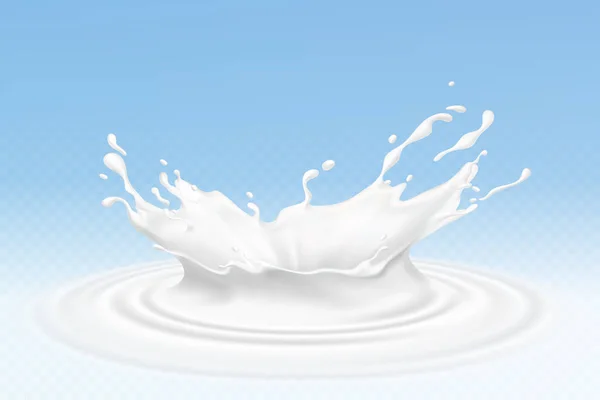Lapte realist vectorial sau iaurt stropește, cremă curgătoare, pete albe abstracte, lapte izolat pe fundal albastru. Proiectarea produselor lactate naturale, organice . — Vector de stoc