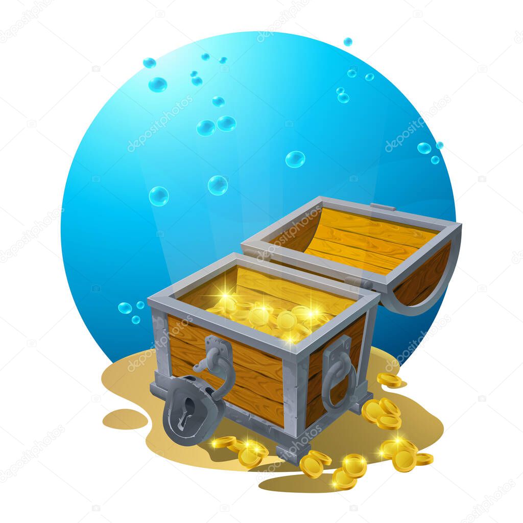 Chest of gold in the sand under the blue clouds - illustration for design, backgrounds, postcards.