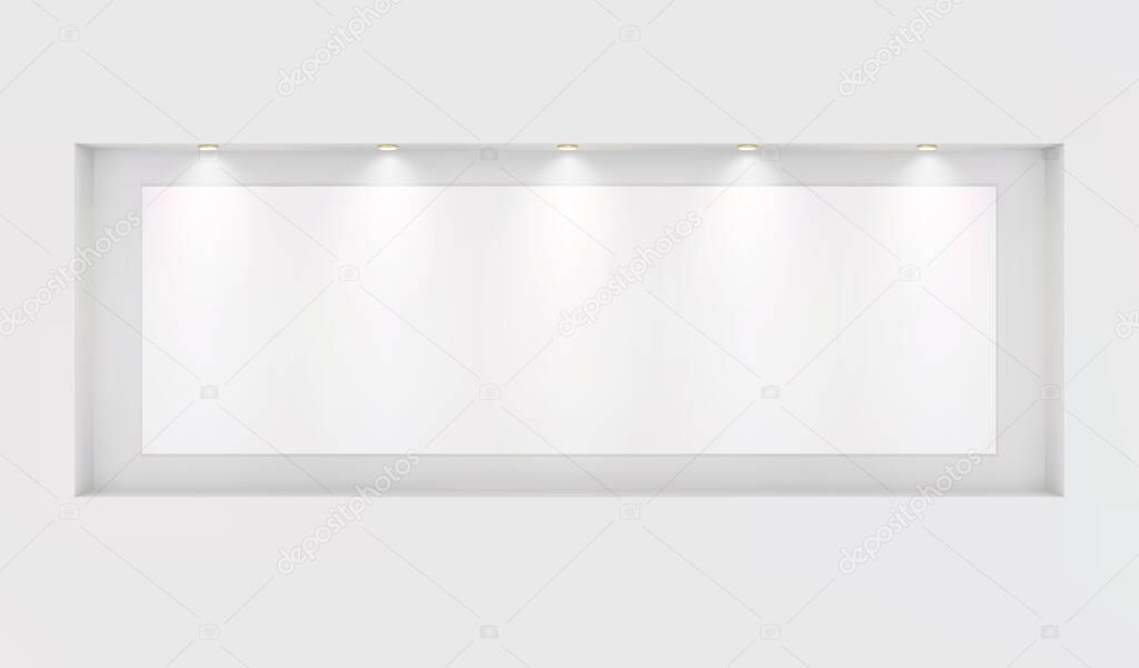 The basis for your images in a niche with backlight on a white wall. Place for an exhibition. Front view, layout template for design. Light effect on a separate layer. Vector.