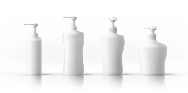 Seperangkat botol plastik putih untuk produk sanitasi dan kebersihan. Obyek, bayangan dan refleksi pada lapisan yang terpisah. Vektor. - Stok Vektor