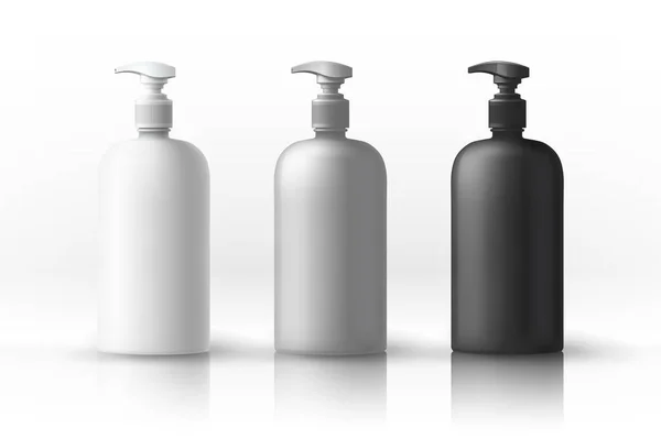Um conjunto de garrafas de plástico branco, cinza e preto para produtos sanitários e anti-sépticos. Objeto, sombra e reflexão em camadas separadas. Vetor . — Vetor de Stock